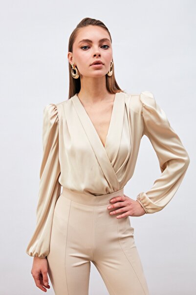 Sateen بلوزة بودي سوت من الساتان مزدوجة الصدر - حجري