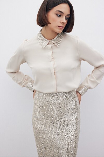 Sateen Класична сорочка з паєтками - бежева
