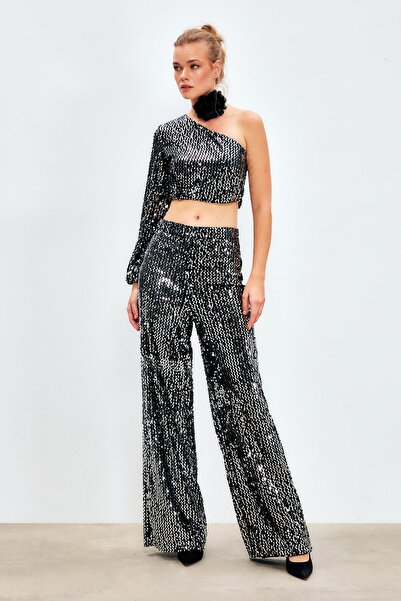 Sateen Παντελόνι με παγιέτες με φαρδιά πόδια - Ασημί