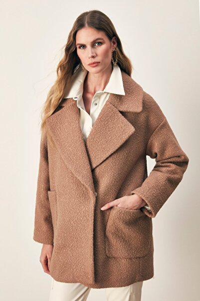 Sateen Palton Boucle Buzunar Lat Camel