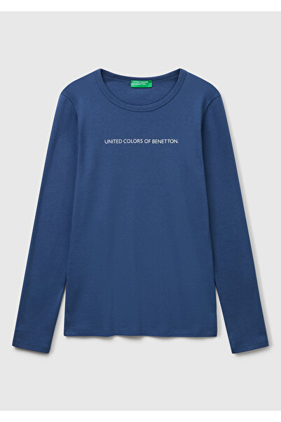 United Colors of Benetton Tricou cu mânecă lungă pentru femei, albastru indigo, 100% bumbac, cu decolteu Benetton scris