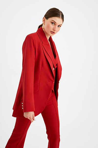 Sateen Düğme Detaylı Uzun Ceket - Kırmızı