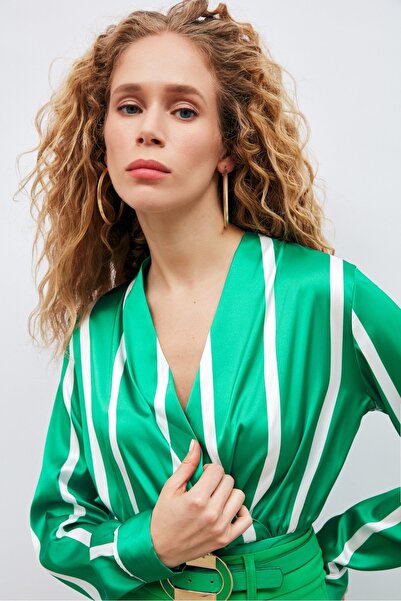 Sateen Kruvaze Yaka Çizgili Bluz - Yeşil