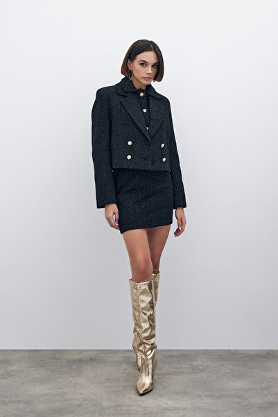 Sateen Блискучий короткий твідовий піджак - ЧОРНИЙ