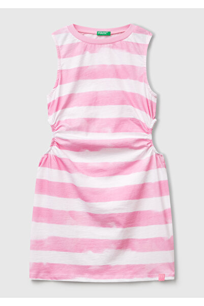 United Colors of Benetton Κοριτσίστικο ροζ ριγέ αμάνικο φόρεμα με παράθυρο στ...