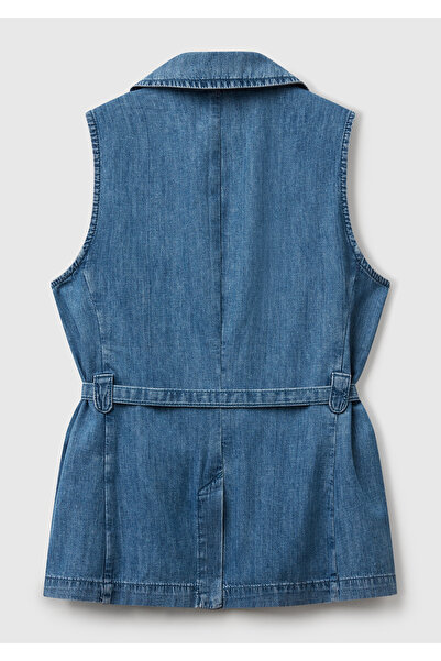 United Colors of Benetton Kadın Açık Mavi Kenevir Karışımlı Belden Bağlamalı Yelek