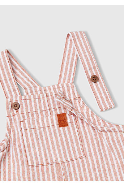 United Colors of Benetton Baby Beige Striped Short Jumpsuit with Logo Detail and Pocket Side Hidden Snaps