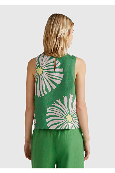 United Colors of Benetton Women's Green 100% Linen Patterned Sleeveless Blouse
