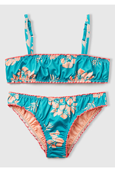 United Colors of Benetton طقم بيكيني بناتي منقوش باللون الفيروزي ومزين بكشكشة وحزام قابل للتعديل