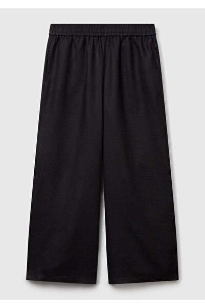 United Colors of Benetton Women's Black 100% Linen Elastic Waist Loose Short Leg Trousers