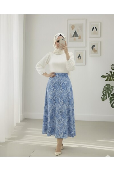 Modamorfo Elastic Waist Ethnic Pattern Flared Skirt - Baby Blue