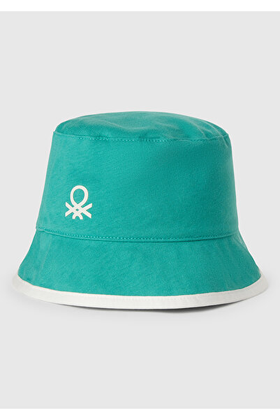 United Colors of Benetton Boy's Mint Green Patterned Double-Sided Bucket Hat with Logo Detail on the Front