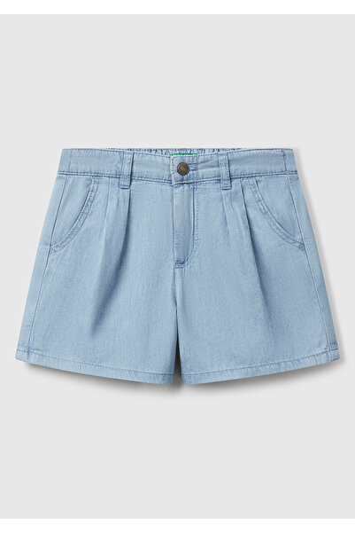United Colors of Benetton Kız Çocuk Açık Denim Arka Beli Lastikli Logo İşleme Detaylı Şönil Şort