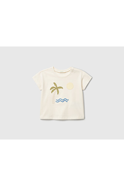 United Colors of Benetton Baby Ecru Appliqued and Printed Crew Neck T-Shirt
