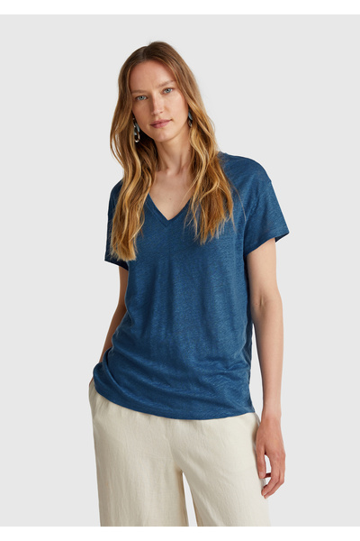 United Colors of Benetton Γυναικείο τζιν 100% λινό μπλουζάκι με λαιμόκοψη σε ...