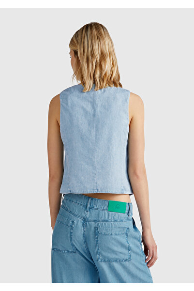 United Colors of Benetton Kadın Açık Mavi %100 Koton Şamre Denim Yelek