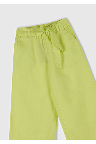 United Colors of Benetton Girls' Yellow Linen Blend Wide Leg Pants with Stitched Waist Belt