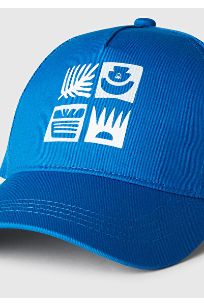 United Colors of Benetton Erkek Çocuk Saks Mavi Önü Baskılı Arkası Fileli Ayarlanabilir Kep Şapka
