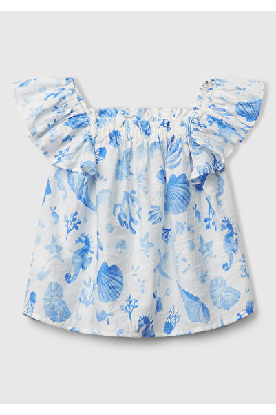 United Colors of Benetton Top cu bretele de umăr, cu imprimeu, albastru, vâscos, pentru fete