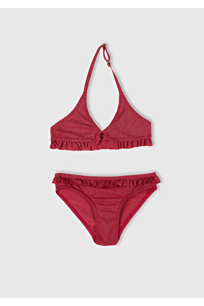 United Colors of Benetton Girl's Fuchsia Glittery Ruffle Detailed Halter Neck Bikini Set