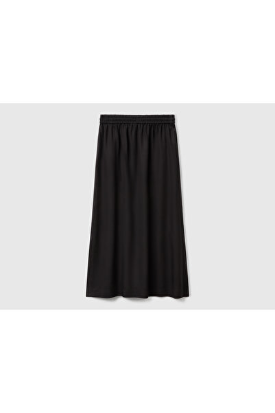 United Colors of Benetton Women's Black 100% Lyocell Long Skirt with Elastic Waist and Pockets