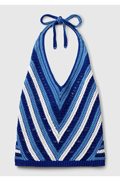 United Colors of Benetton Tricotaj de damă, albastru, amestecat de bumbac, cu gât cu șalț