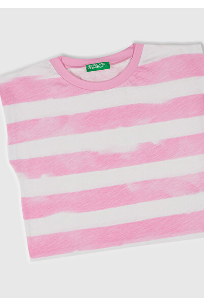 United Colors of Benetton Κοριτσίστικο ροζ ριγέ λαιμόκοψη με λογότυπο με λεπτομέρεια αμάνικο μπλουζάκι