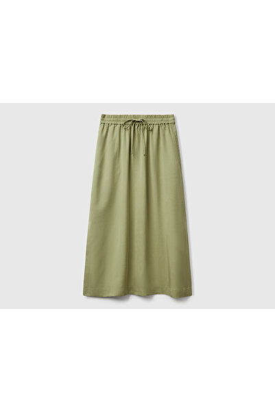 United Colors of Benetton Fusta lungă pentru femei, verde salvie, 100% Liyosel, cu talie elastică și buzunare