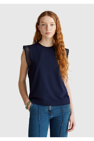 United Colors of Benetton Γυναικείο μπλουζάκι με λεπτομέρεια με δαντέλα Navy Blue, ελαστικό αμάνικο