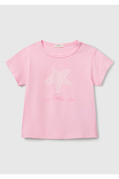 United Colors of Benetton Bebek Pembe Önü Baskılı Omzu Çıtçıt Düğmeli T-Shirt
