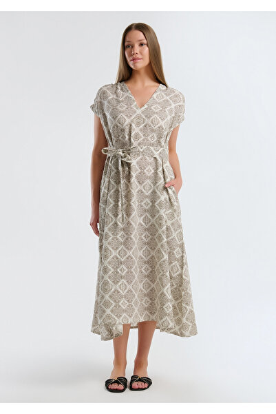United Colors of Benetton Kadın Beyaz Mix %100 Keten Desenli V Yaka Cepli Uzun Elbise