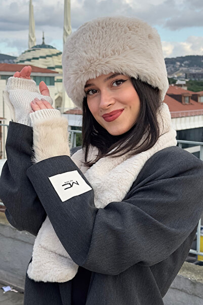 Mavelle Women's Beige Hat & Scarf & Gloves Set |   Faux Fur Kalpak Ushanka Set