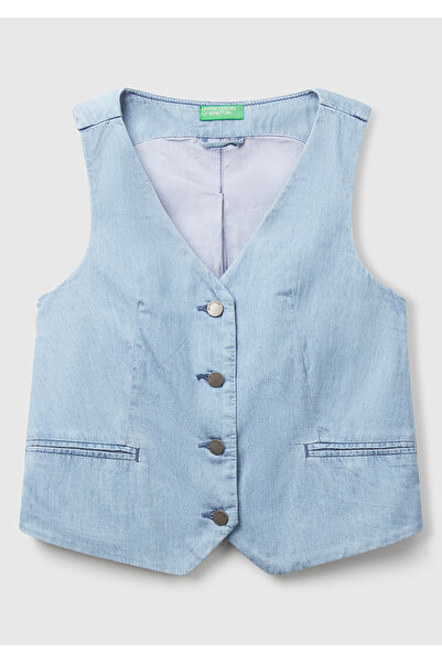 United Colors of Benetton Kadın Açık Mavi %100 Koton Şamre Denim Yelek