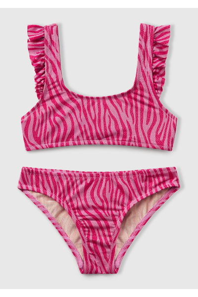 United Colors of Benetton Kız Çocuk Fuşya Simli Desenli Fırfır Detaylı Askılı Bikini Takımı