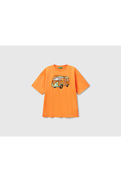 United Colors of Benetton Μπλουζάκι για αγόρι με πορτοκαλί διάτρητο μπλουζάκι...
