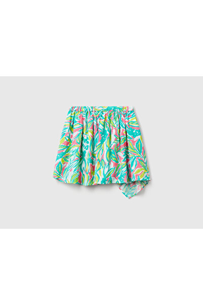 United Colors of Benetton Girl's Green 100% Viscose Patterned Asymmetrical Flared Skirt with Elastic Waist