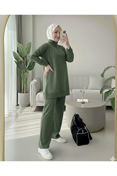 Modamorfo Half Zipper High Neck Combed Cotton Suit - Khaki