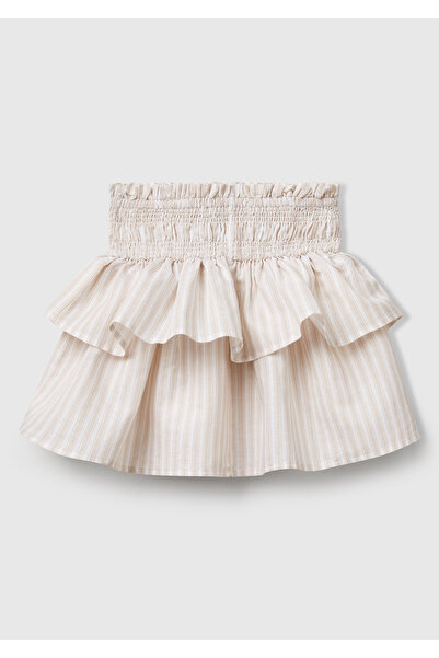 United Colors of Benetton Girl's Ecru Linen Blended Fully Patterned Gathered Waist Layered Skirt
