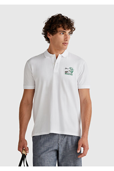 United Colors of Benetton Men's White 100% Cotton Peanuts Printed Polo T-Shirt
