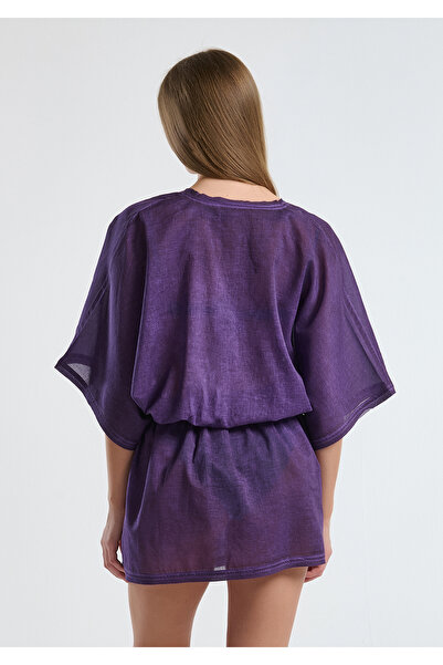 United Colors of Benetton Γυναικείο μωβ 100% βαμβακερό κοντό φόρεμα με μανίκια με ελαστική μέση V λαιμόκοψη