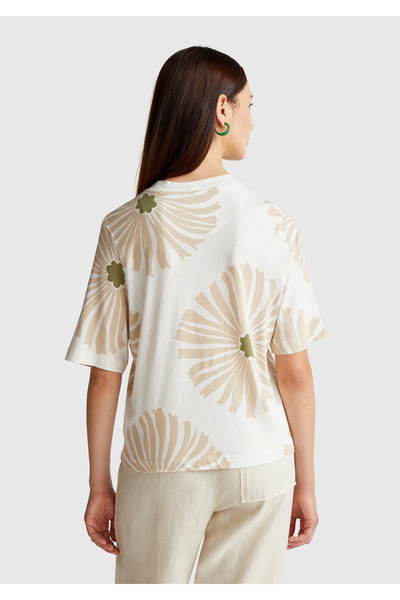 United Colors of Benetton Γυναικείο T-Shirt με λουλουδάτο μοτίβο με λινό με κρέμα