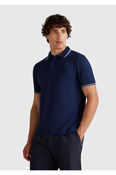 United Colors of Benetton Ανδρικό μπλουζάκι πόλο με μπλέ μανίκια και ριγέ γιακά