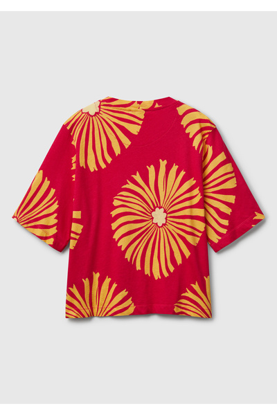 United Colors of Benetton Women's Fuchsia Linen Blend Boxy Fit Floral Print T-Shirt