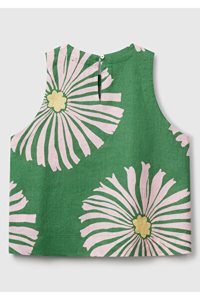 United Colors of Benetton Women's Green 100% Linen Patterned Sleeveless Blouse