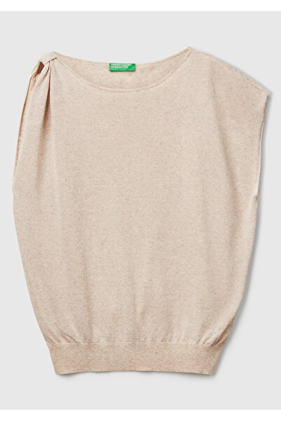 United Colors of Benetton Women's Stone Color Linen Blended Asymmetrical Sleeveless Sweater