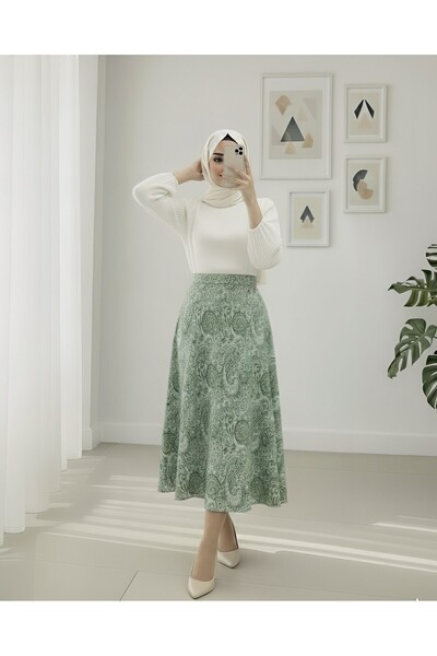 Modamorfo Elastic Waist Ethnic Pattern Flared Skirt - Green