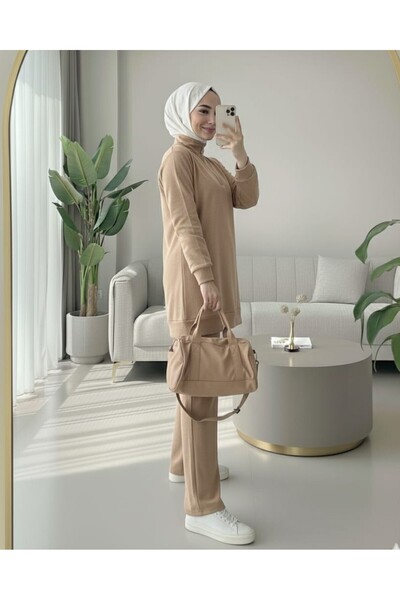 Modamorfo Half Zipper High Neck Combed Cotton Set - Mink