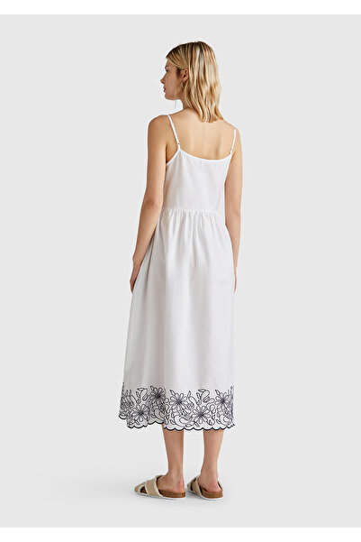 United Colors of Benetton Γυναικείο Λευκό 100% Κοτόνι Κρεμαστό Φόρεμα Midi μήκους με κεντημένη άκρη