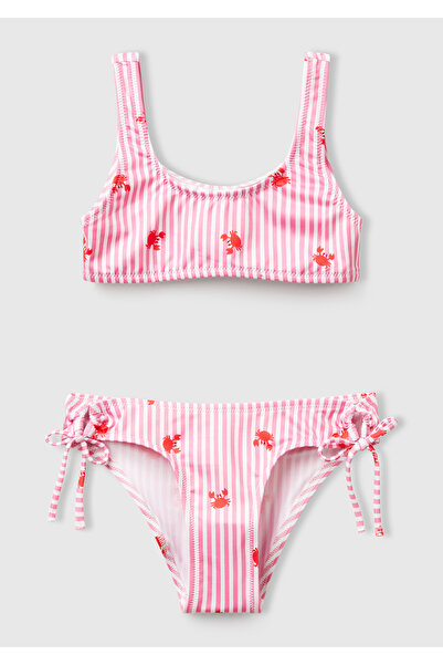 United Colors of Benetton Girl's Pink Patterned Round Neck Side Drawstring Bikini Set