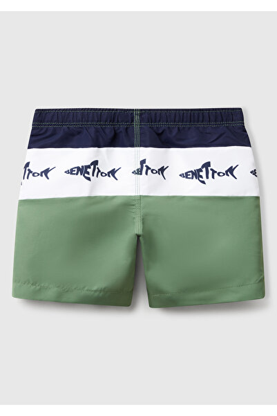 United Colors of Benetton Erkek Çocuk Yeşil Mix Desenli Büzgü İpli Deniz Şortu